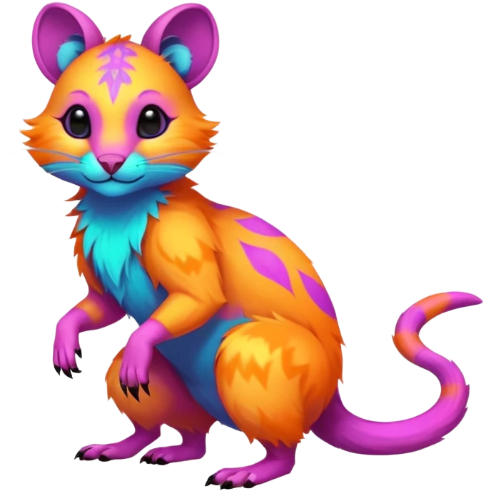 Neon-colored fantasy feline-rodent-marsupial-critter-vernid-fursona animal creature full body with intricate markings  emoji
