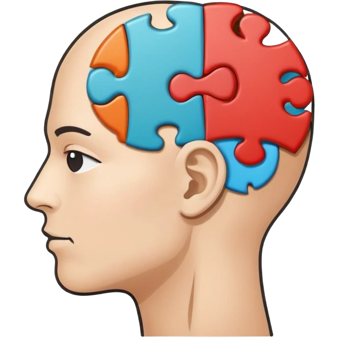 Minimalistic flat vector icon, iOS style, thin black contour on white background. Human head profile with a brain inside, split into puzzle pieces. No text, no shadows. emoji