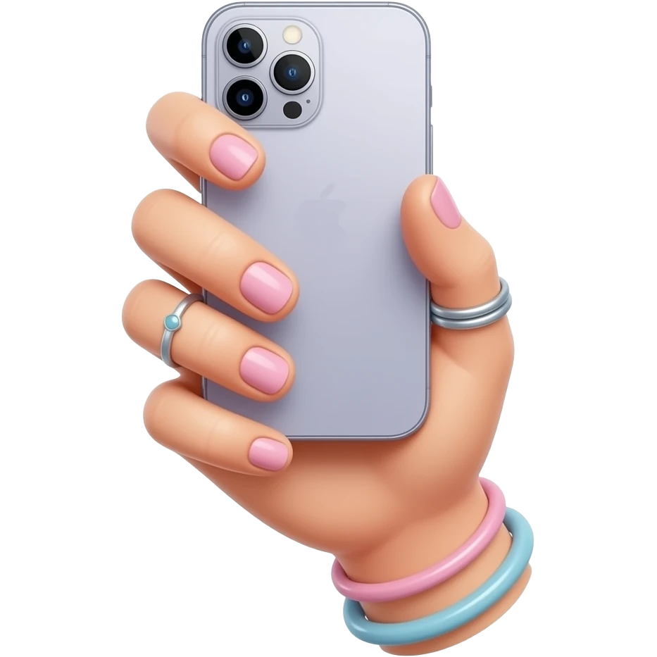 holding iphone with screen upwards: cute thin girl hand with pastel and pink modern nails, rings, and accessories. emoji