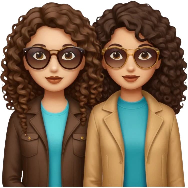 Sister one with curly long hair the other wavy mid-length hair and sunglasses both dark brown colored hair and light caramel skin emoji