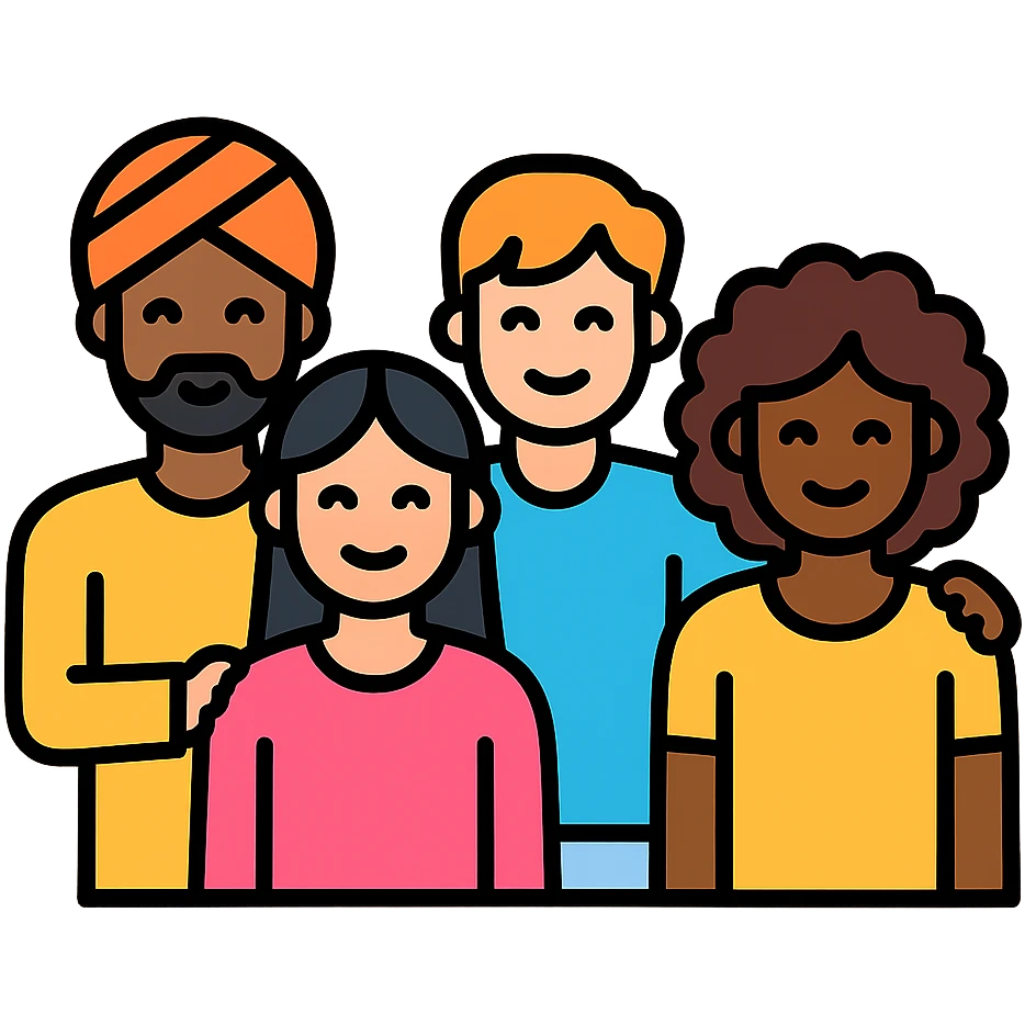icon of a diverse group, including people with different hairstyles and cultural backgrounds, friendly and welcoming emoji