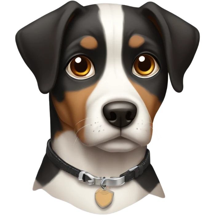 Black white and brown tri colored dog with big eyes wearing a T collar  emoji