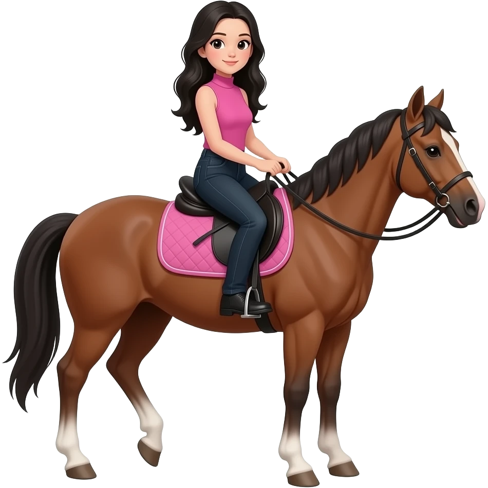 Teenage girl with long black hair wearing a pink sleeveless turtleneck top and long black jeans riding a horse emoji