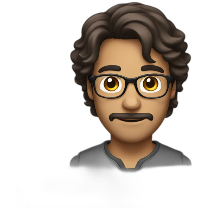 guy with curled mi-long hair, brune, with glasses, with small facial hair emoji