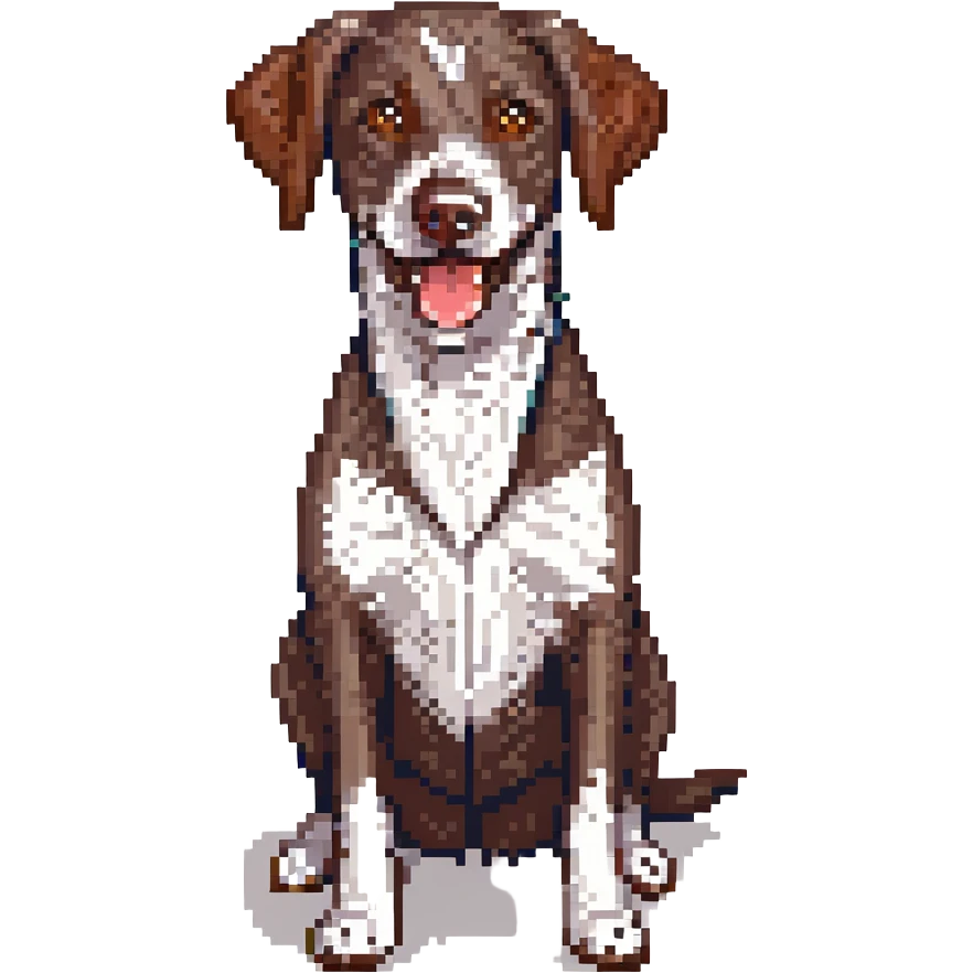 Make the German shorthaired pointer sit in the same position as the cartoon style reference, with a big smile, keeping the pixel art style. emoji