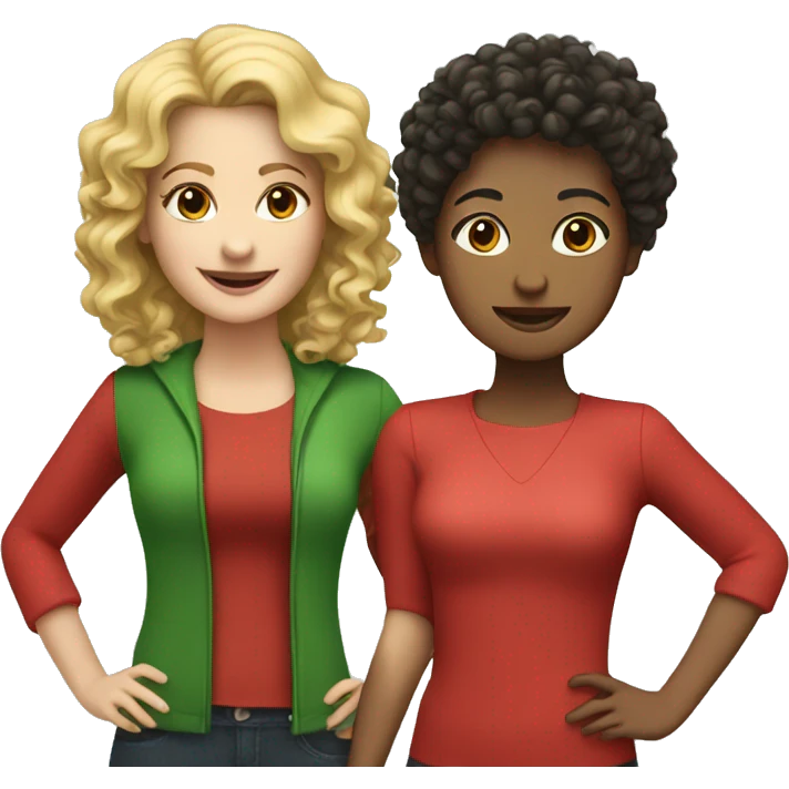 two friends: a curly-haired woman with dark hair in red clothing and a blonde in green emoji