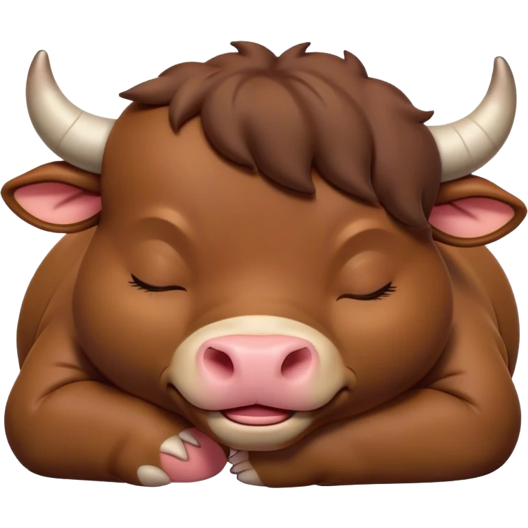 Meme-Worthy Cute Sleeping Brown Bull Portrait Emoji, Head resting peacefully with a contented smile, showcasing a robust, massive build and a luxuriously soft rich brown hide, eyes shut in a serene, restful nap, Simplified yet hilariously adorable features, highly detailed, glowing with a soft, drowsy light, high shine, relaxed and utterly lovable, stylized with an air of playful laziness, bright and heartwarming, soft glowing outline, capturing the essence of a comically sleepy guardian, so meme-worthy it feels like it could instantly become the next viral sensation of adorable slumber! emoji