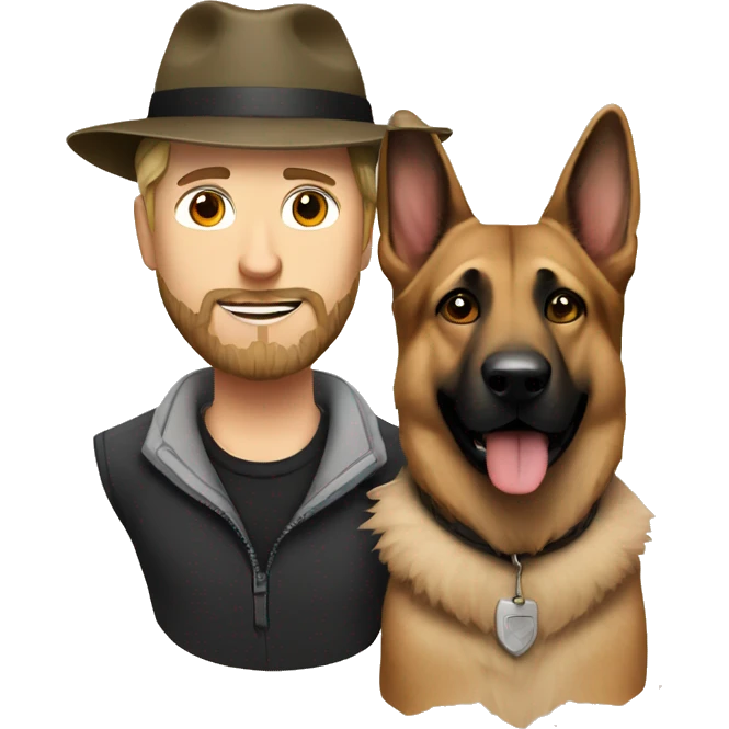 white male with beard and a hat alongside a german shepherd  emoji