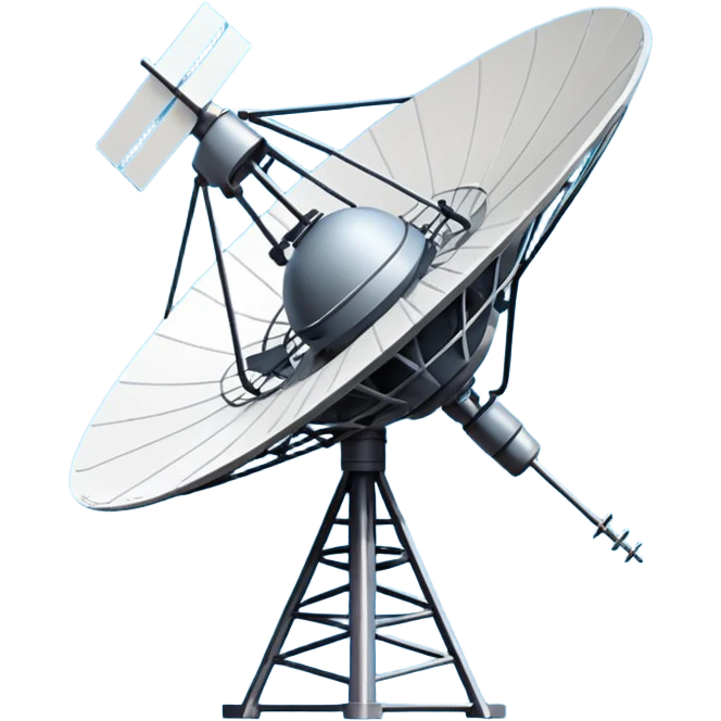 Minimalist emoji-style sticker of an old-school satellite antenna with distorted, glitched signal waves. Clean icon style. emoji