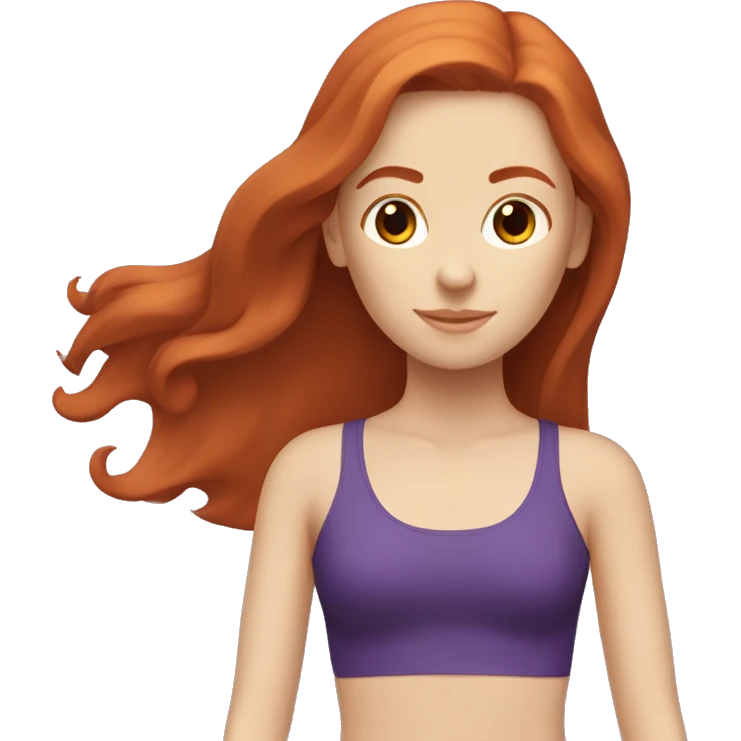 a redhead girl with long hair doing pilates, her clothes are dark purple emoji