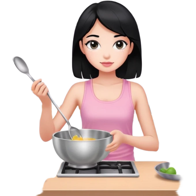girl with black hair and black eyes white tone skin wearing pink pastel tanktop, and holding a silver bowl cooking or mixing something emoji