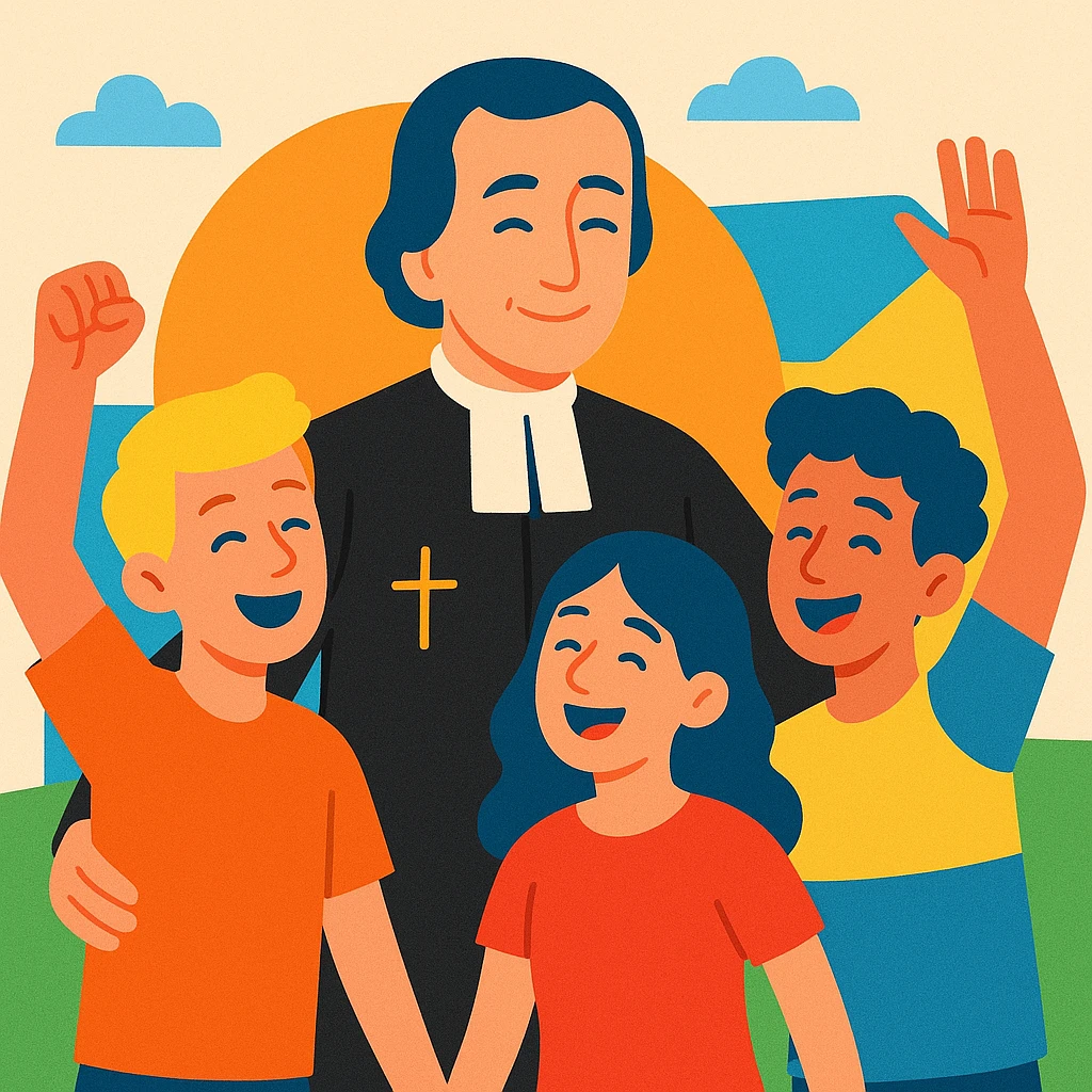 modern Christian vocational animation, figure of Brother Gabriel Taborin with young people, joyful atmosphere, modern style, vibrant colors, subtle cross emoji