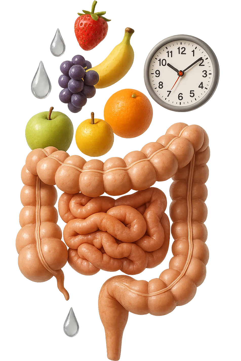 frutta mista cade dall'alto verticalmente insieme a 3 gocce di acqua 3d e un orologio da parete, davanti a questi elementi c'è un intestino umano anatomico iperrealistico emoji