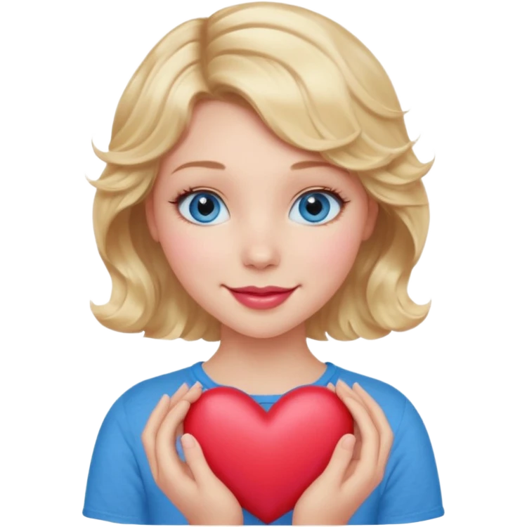 Girl Blonde short wavy hair,  blue eyes, cute blue top, long lashes, pink lips, smiling, holding a big heart emoji