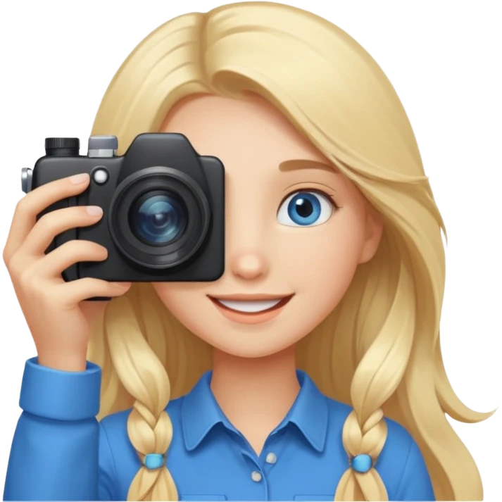  blue eyes blonde girl photographer cartoon taking picture in middle of taking picture camera in front of face long hair smiling funny flash professiona emoji