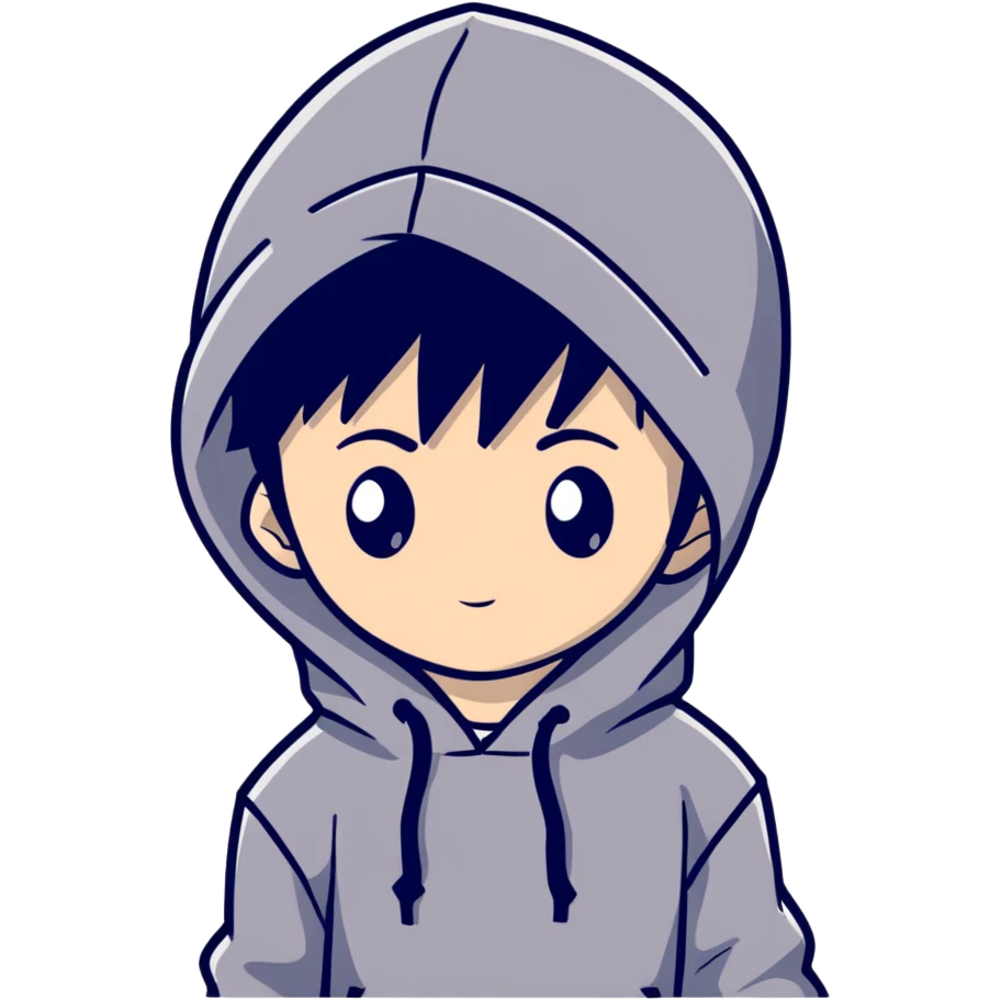 Boy wearing hoodie with black anime hair emoji
