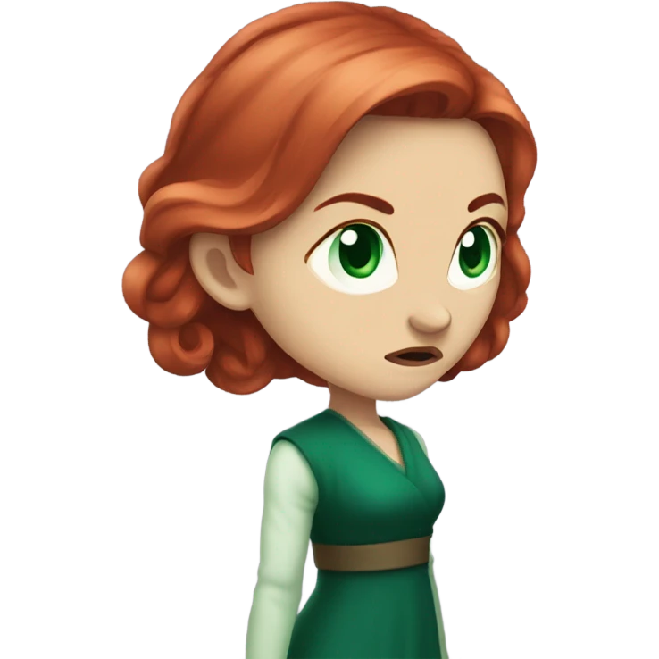 Rich woman, red long hair,  pale-skin, emerald blue-green-eyes,  scowling, very small nose, glaring, angry emoji