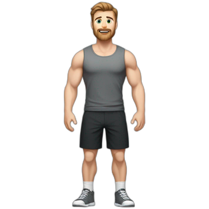 Full height Actively gesturing with hands Pale skinned Fit Man With the biceps and brown hair in dark gray Sleeveless Mike, black oversize sports shorts, watch and white Sneakers emoji