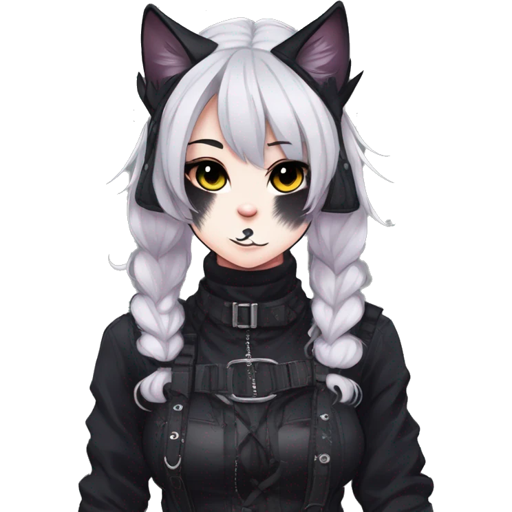 Gorgeous gothic dark techwear anime style anthro black cat furry with blushing face aesthetic and pretty edgy black with collar and harness trending style emoji
