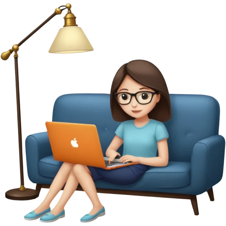 A girl is working with a laptop while lying on a sofa, with a floor lamp to the right. emoji
