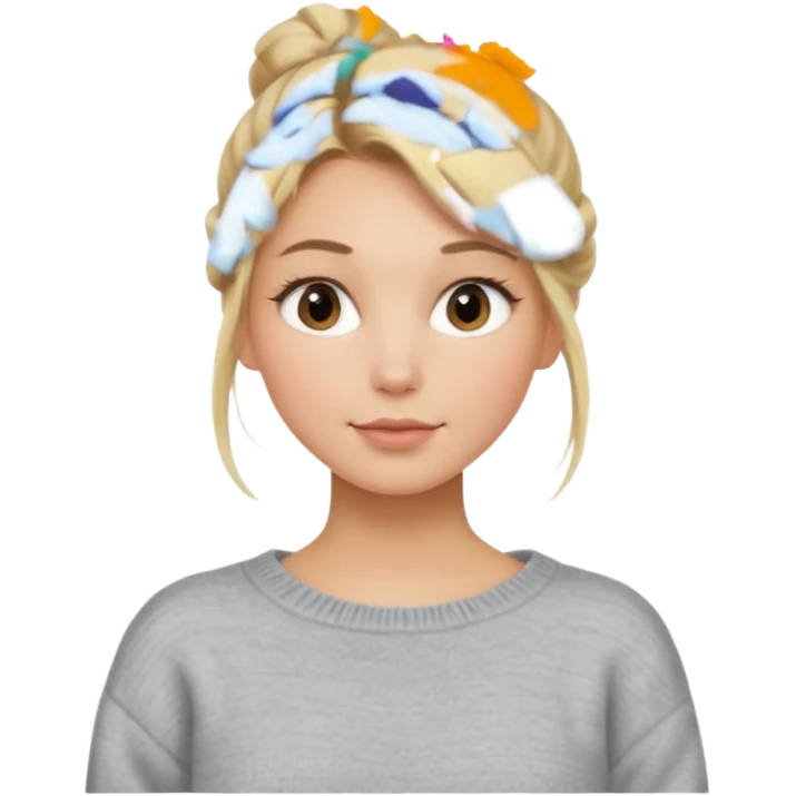 Blonde Women with Bun, Casual Girl – messy blonde bun, soft sweater, relaxed friendly face. emoji