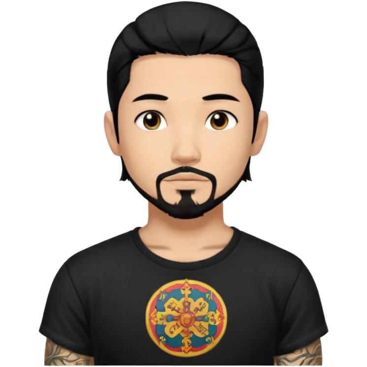 Spanish male. Asian eyes. Chin strap goatee.
Untucked, loose fitting black t-shirt. 
long black hair.
Even More tattoos. 
Peaceful emoji