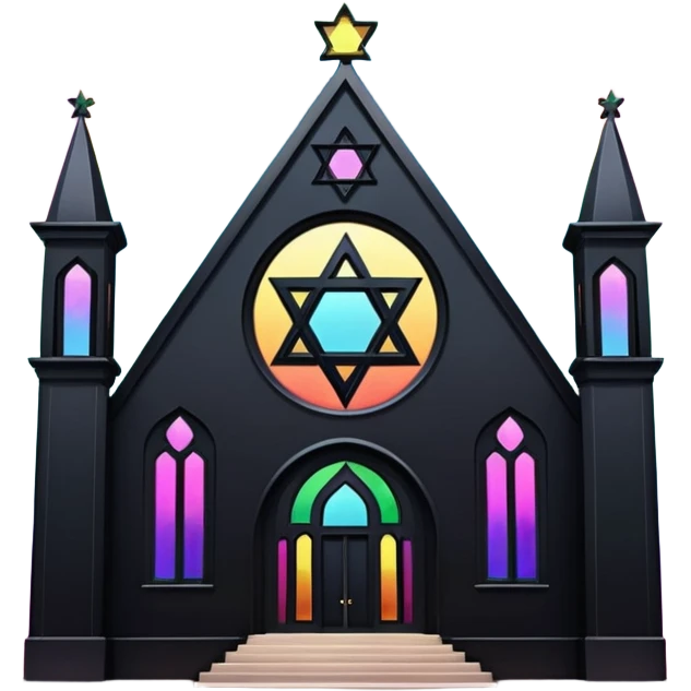jewish synagogue temple in dark goth aesthetic style with black building and light rainbow tint glass windows and star of david and celestial symbolism emoji