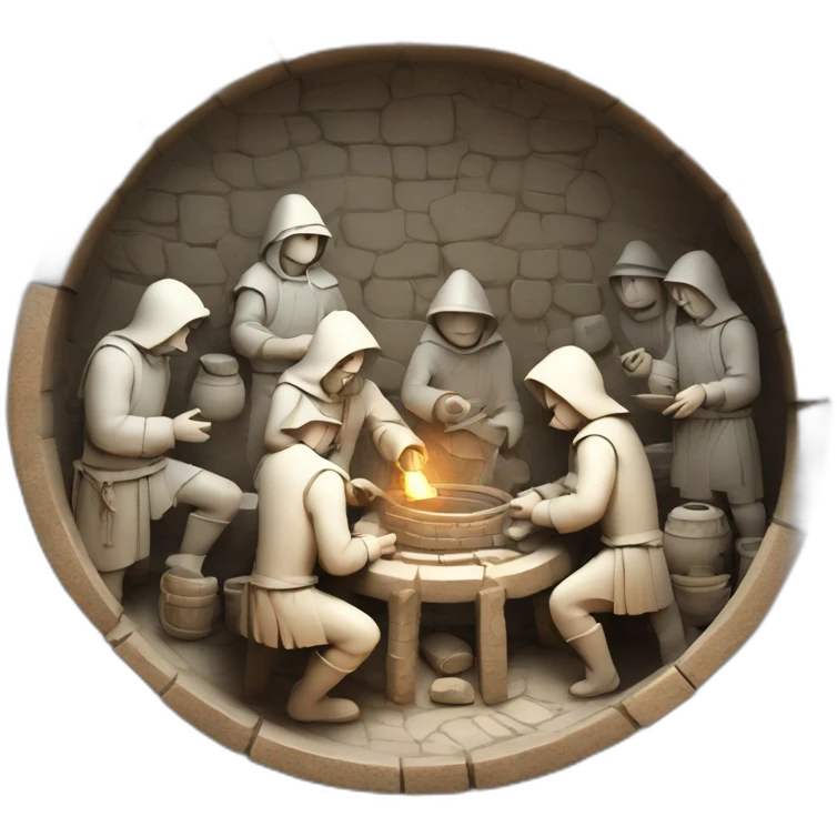 inside of a medieval mint showing different people working creating coins with a furnace emoji