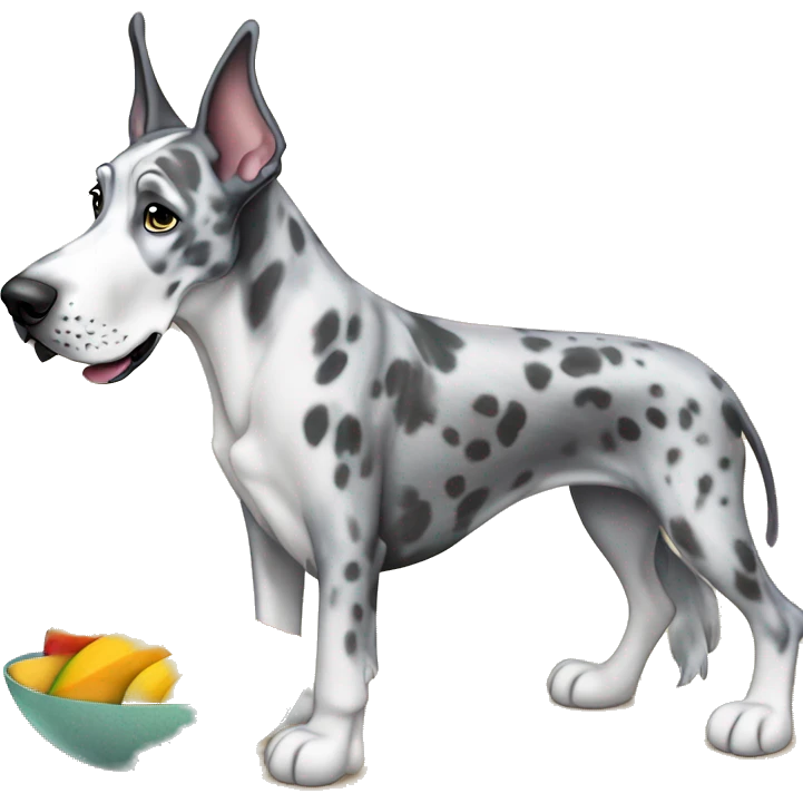 Blue Merle Great Dane eating mango emoji