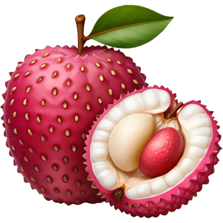 one whole lychee with rough, bumpy pink-red skin and a second one peeled open to show glossy white flesh and smooth brown seed inside, juicy translucent texture, soft lighting, subtle shadows, subtle highlights, no leaves, plate, or extras, apple emoji style, emoji scale emoji