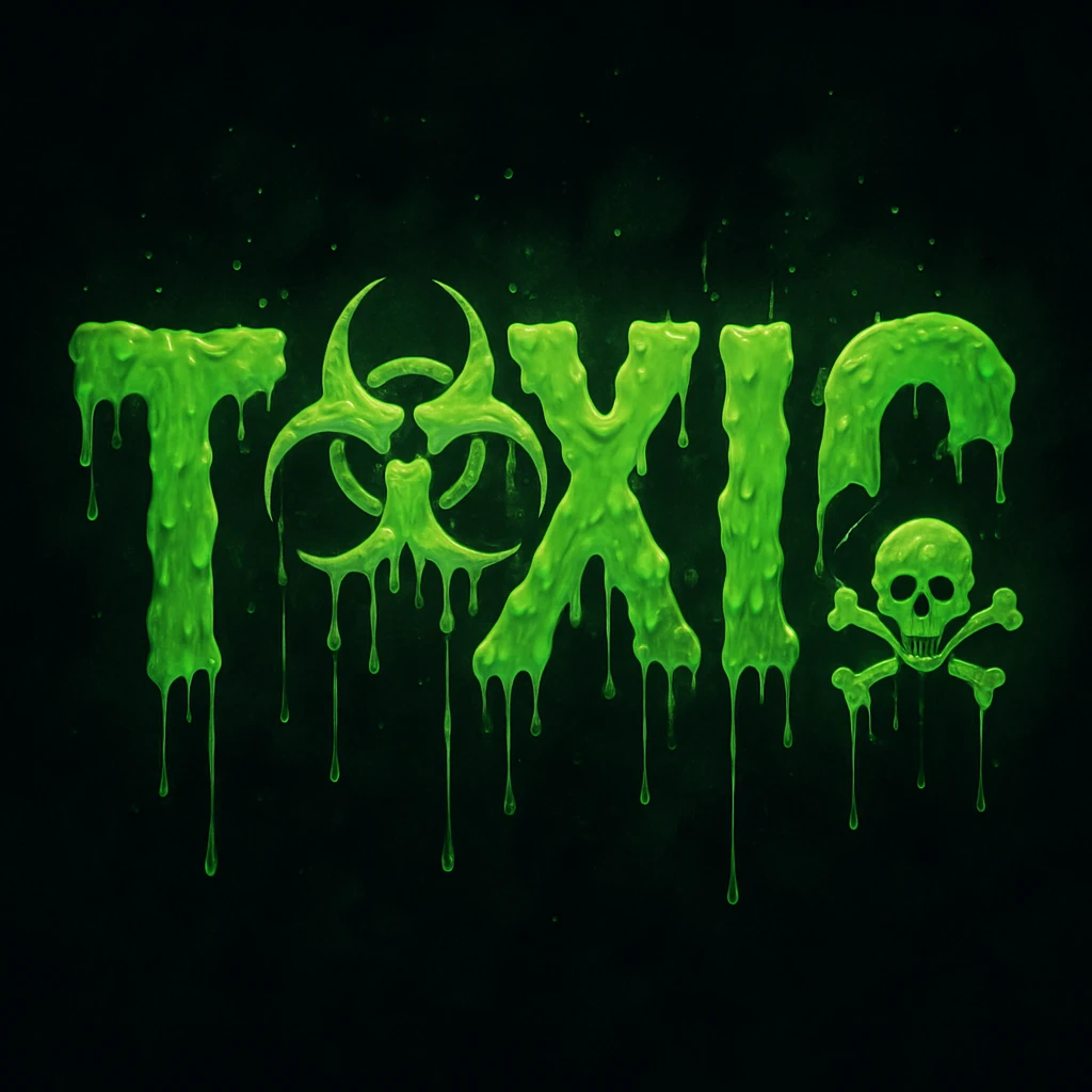the word 'toxic' visually represented with green slime, hazard symbols, and a sense of danger in a distinct style emoji