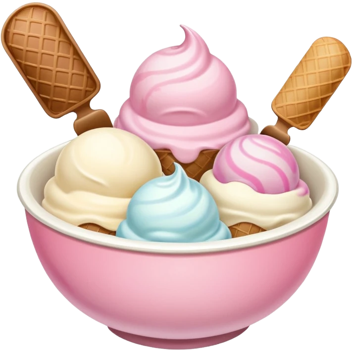 White, brown, and pink ice cream scoops in a bowl emoji