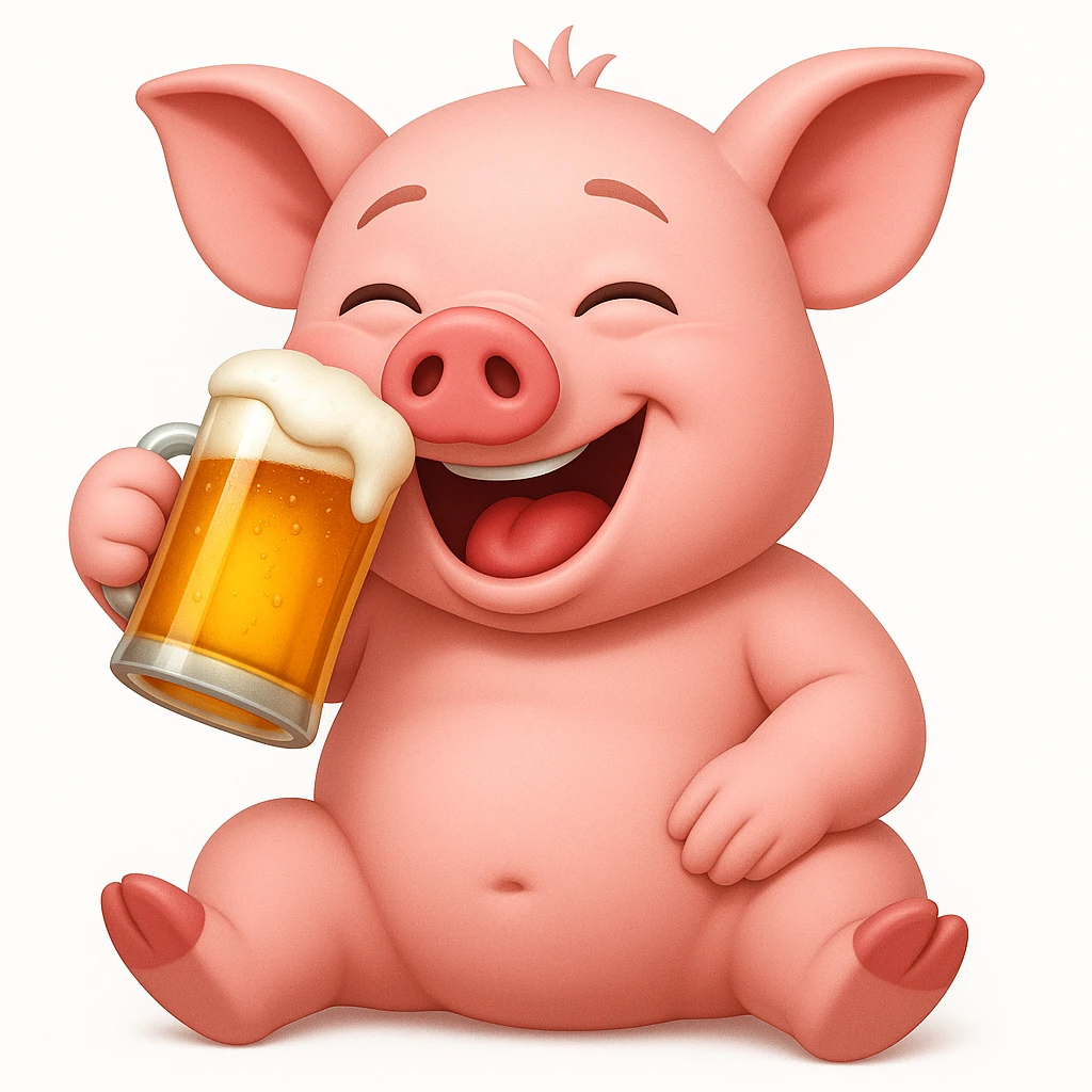 apple pig emoji sitting up drinking a beer drunk laughing emoji