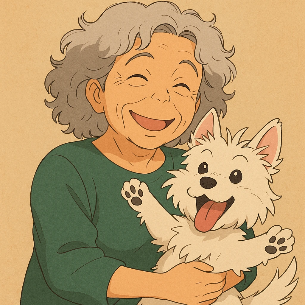 Make the Westie dog playful, with a joyful pose or playful look, keep the 50-year-old lady with silver curly hair smiling emoji