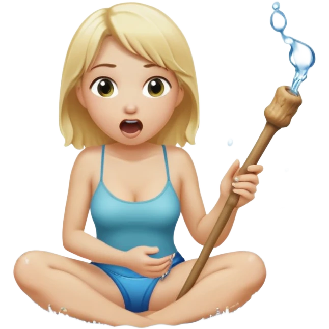 blond woman sitting on her knees, eating a wide stick with a half-round D-shaped knob, both the stick and knob are the same color as her skin, the knob has visible skin texture, water stream squirting from the flat side of the knob into her open mouth, surprised expression emoji