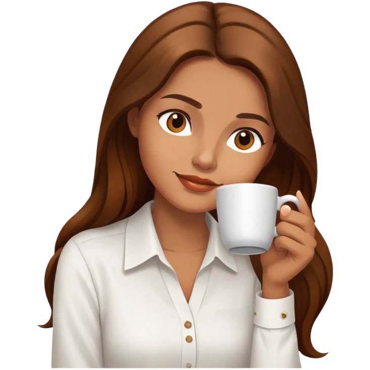 Yoga Woman white shirt long brown hair drinks coffee emoji
