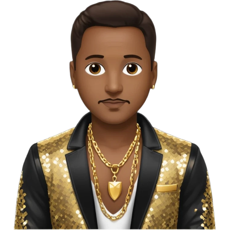 Johnny Gill with dark brown hair, black sequin jacket, shirtless with necklace emoji