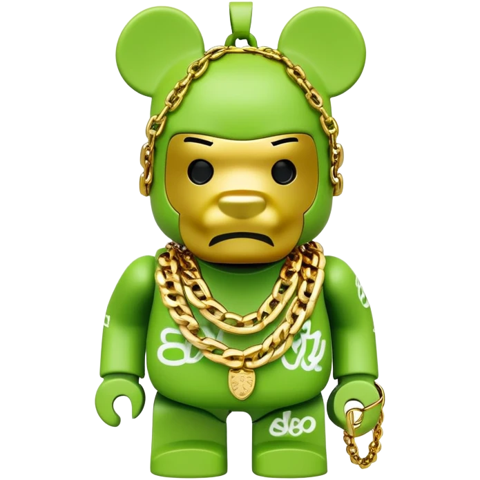 classic bearbrick figure with lime green mask covered in chaotic brand logos, wearing several large gold chains, gold pendant, rapper style accessories, expressive eyebrows emoji