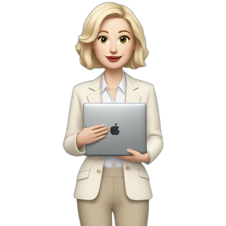 pale skin woman with ash blonde Straightened bob Hair, White Spacious classical jacket, beige palazzo Arrow pants and gray blouse holding a MacBook in the hands emoji