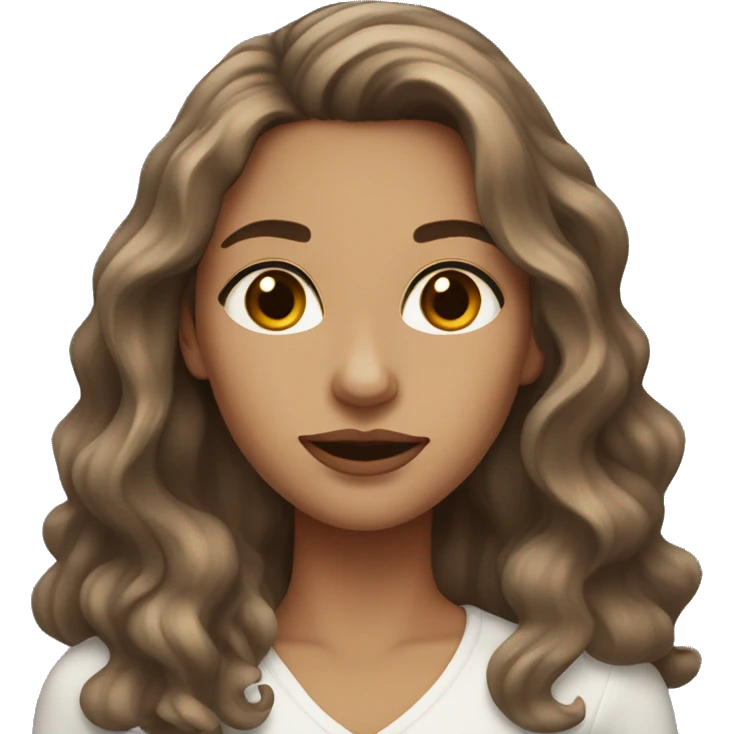 white woman with long brown wavy hair, brown eyes, medium size lips, small nose emoji