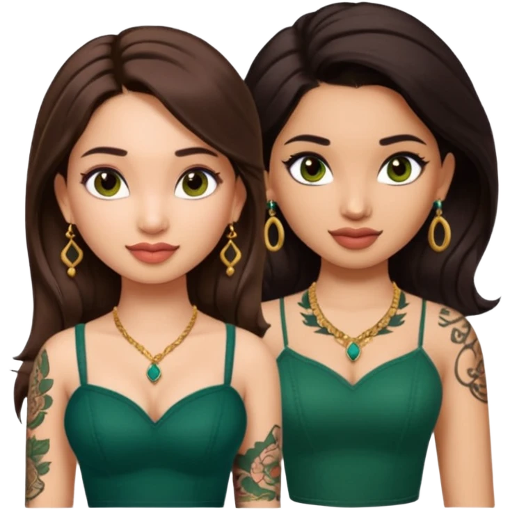 pretty bratz genmoji that looks like tamannah bhatia (bollywood actress), wearing a dark green sweetheart neckline top, dark brown hair, light makeup, no necklace, dangly earrings, side hair part, dark brown eyes, with full tattoos and neck tattoo big emoji
