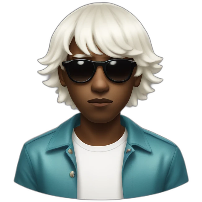 tyler the creator with a short white wig and dark sunglasses looking looking slightly annoyed looking sideways emoji