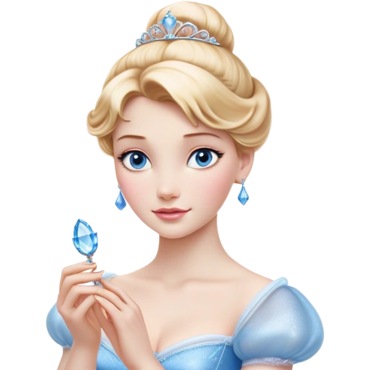 Cinematic Realistic Cinderella Portrait, depicted with lifelike skin texture, subtle rosy undertones, and soft natural lighting that enhances the gentle contours of her face. Her intricately detailed golden blonde hair is elegantly styled in an updo, with delicate wisps framing her face. Her deep, expressive blue eyes radiate warmth and sincerity, reflecting a quiet resilience and grace. She holds a glass slipper gently in one hand, her other hand resting gracefully at her side, emphasizing the timeless beauty of the moment. She is dressed in her iconic ball gown, the fabric shimmering with intricate embroidery and fine translucent layers that catch the light beautifully. The soft sheen of satin gloves adds a magical touch to her graceful pose. The portrait features an enchanting glow with a natural, luminous finish, seamlessly blending realism and fairytale charm to evoke a sense of depth, elegance, and timeless beauty. emoji