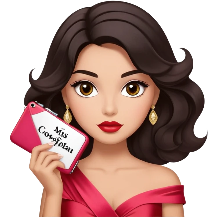 A woman with lighter almond-toned skin, voluminous dark hair in waves, expressive eyes with soft lashes and shimmer, full lips with a glossy nude-pink color, wearing a red dress and a white crossbody sash with “Miss San Juan” in black letters, exuding elegance and confidence. emoji
