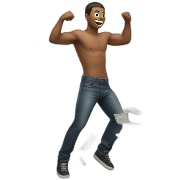 Shirtless guy dancing under raining money  emoji