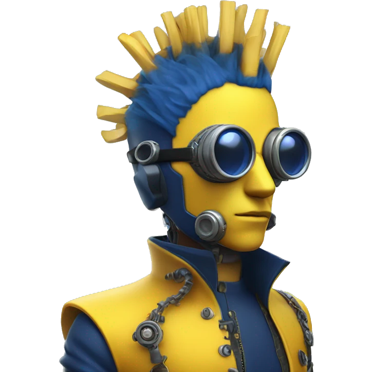 Yellow cyborg head with dark blue steampunk goggles and dark blue Mohawk  emoji