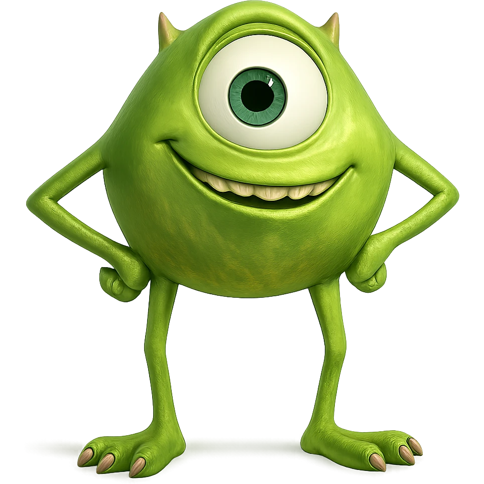 Mike Wazowski from Monsters Inc, standing with hands on hips, confident, green, one-eyed monster emoji
