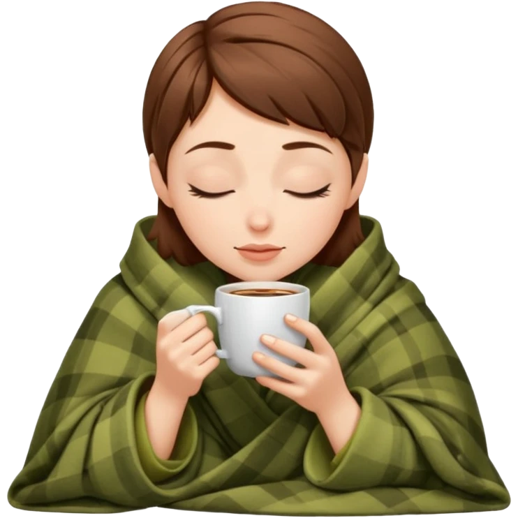 brown-haired pixie white girl inside a blanket sipping coffee eyes closed emoji