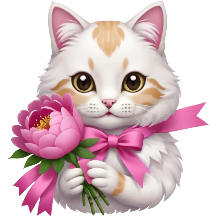 Can you make a cute cat handing out peonies bouquet with a coquette on the boquette emoji
