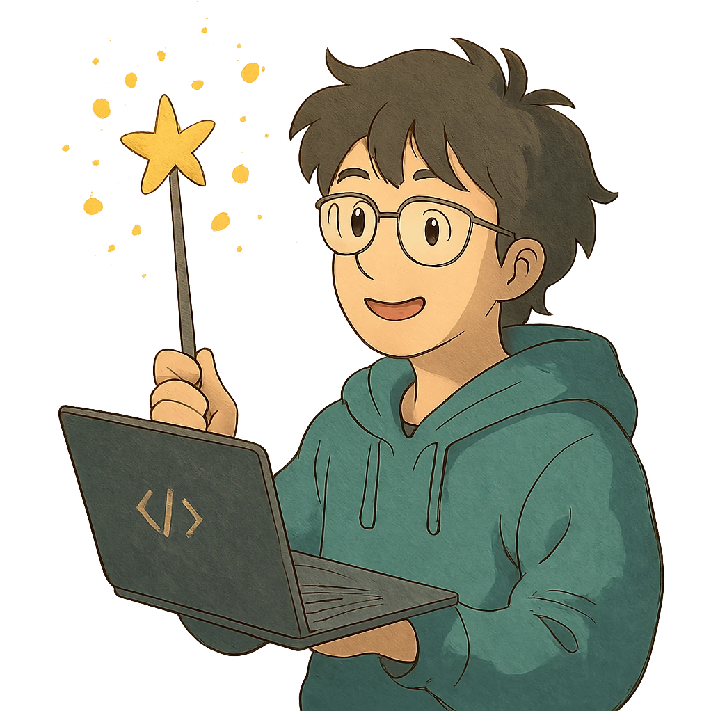 ghibli style developer with a magic wand, whimsical atmosphere emoji